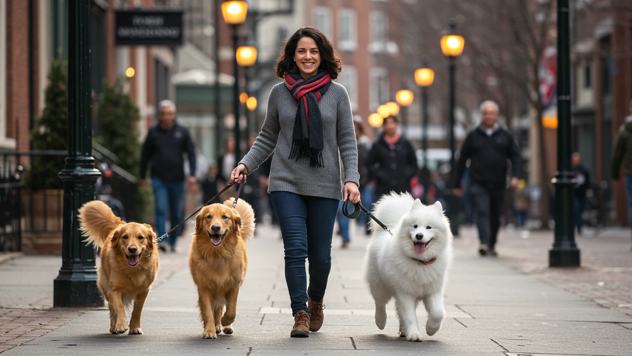 Professional dog walker providing a dog walking service in the city.