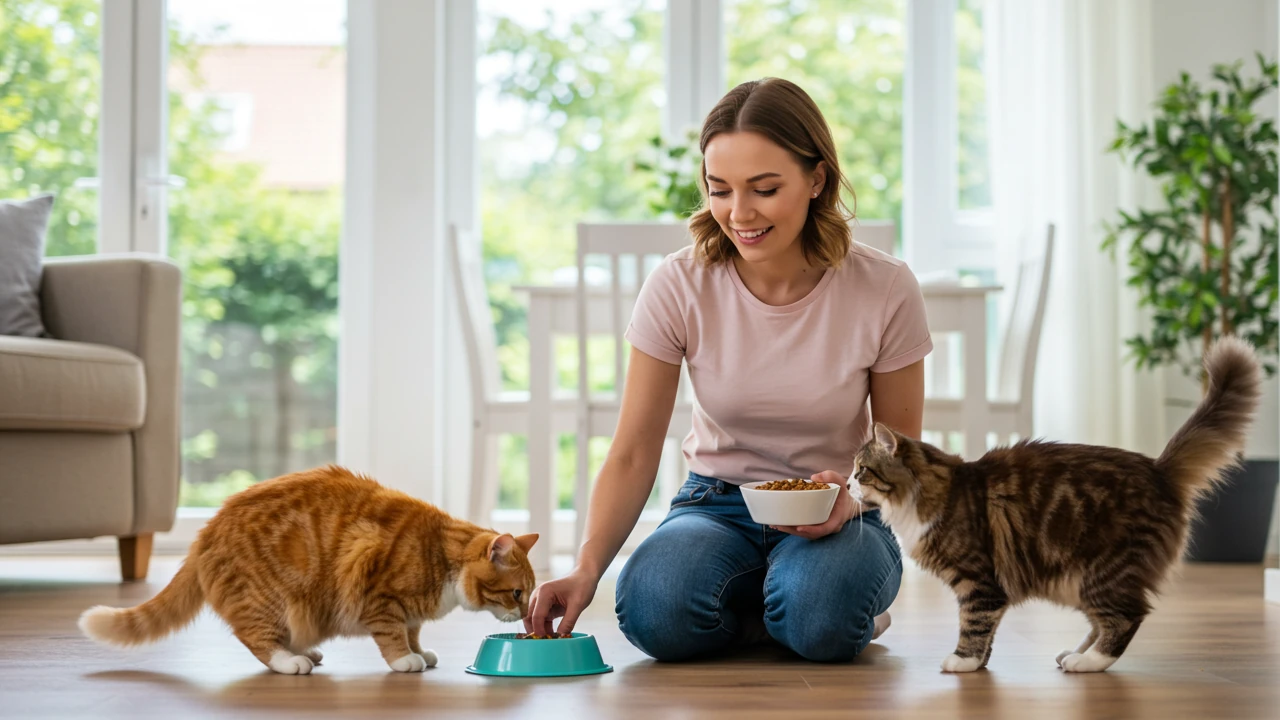 A professional cat sitter providing cat feeding service in her client's home.