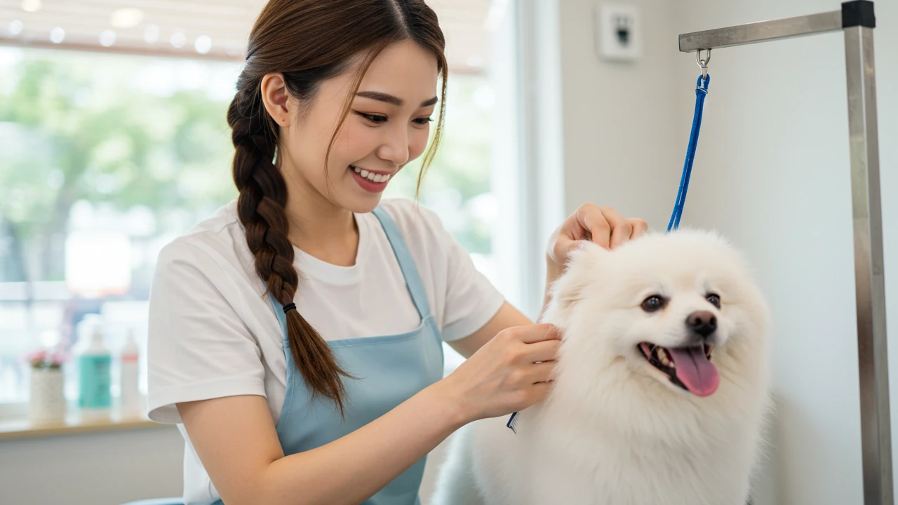 A dog groomer is providing dog bathing service, which is a part of the dog grooming services, to her client's dog in her office.