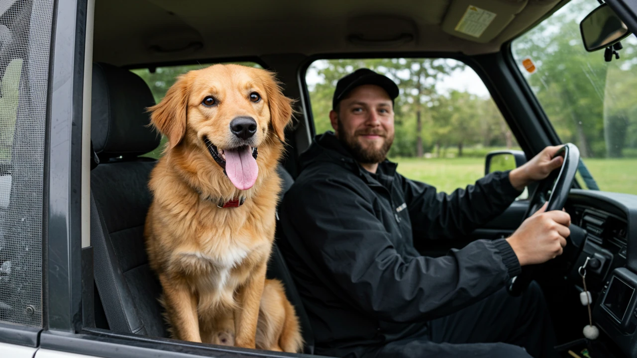 A dog taxi driver is providing pet taxi service. The pet cab driver uses a van to be able to provide big dog taxi service.
